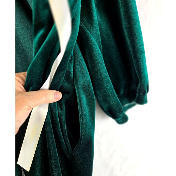 Komar Vtg 90s Housecoat Robe Nightgown M Dark Green Velvet White Collar Lace USA - Picture 5 of 16